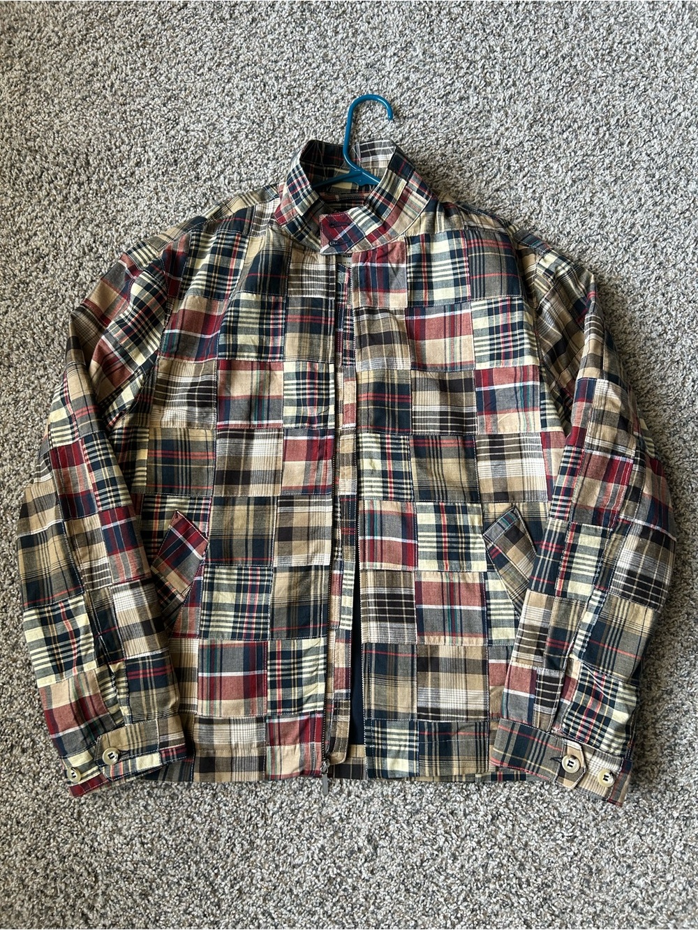 American Trench x J.Press Patchwork Plaid Bomber Jacket in Red, Navy, and Tan